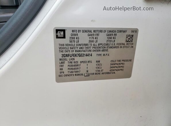 2GNFLFEK7G6314414 2016 CHEVROLET EQUINOX White Vista de la etiqueta del VIN