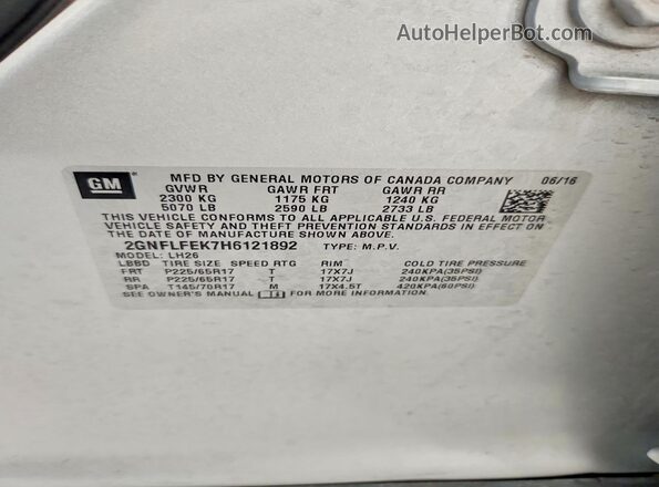 2GNFLFEK7H6121892 2017 CHEVROLET EQUINOX Серебряный Вид наклейки с VIN-кодом