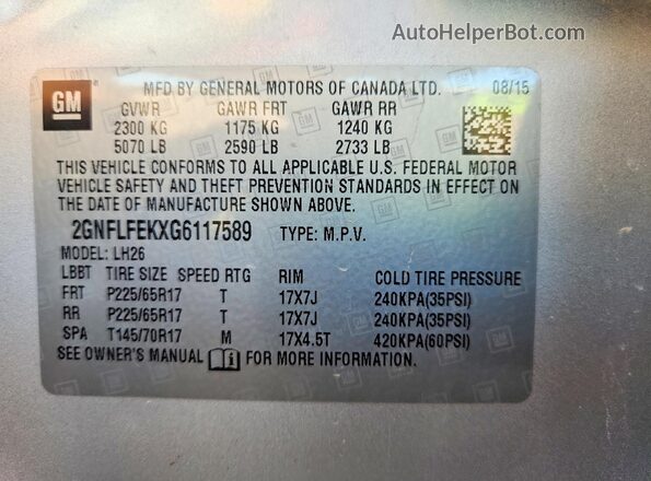 2GNFLFEKXG6117589 2016 CHEVROLET EQUINOX Silver Widok naklejki z numerem VIN