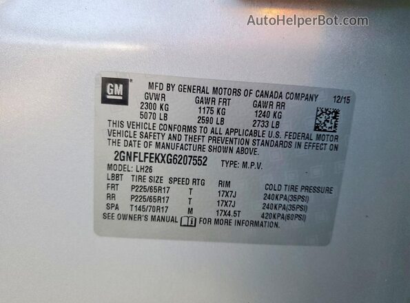 2GNFLFEKXG6207552 2016 CHEVROLET EQUINOX Silver VIN კოდის სტიკერის ხედი