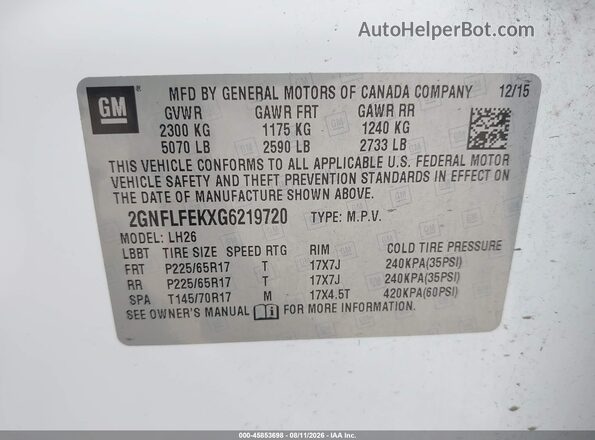 2GNFLFEKXG6219720 2016 CHEVROLET EQUINOX White Vista del compartimento del motor