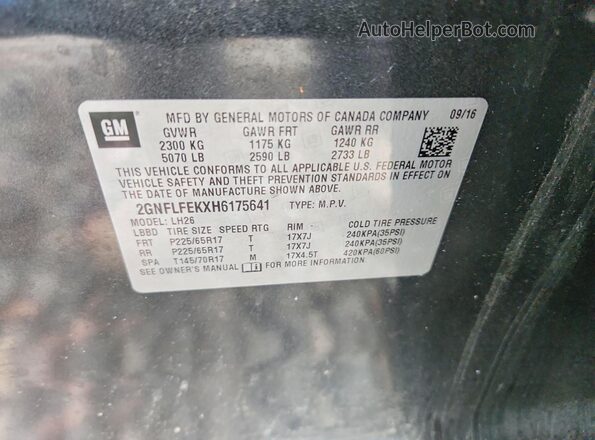 2GNFLFEKXH6175641 2017 CHEVROLET EQUINOX Gray VIN კოდის სტიკერის ხედი