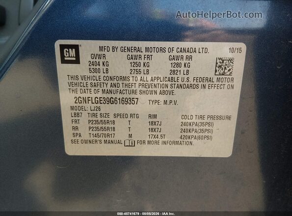 2GNFLGE39G6169357 2016 CHEVROLET EQUINOX Blue Vista del compartimento del motor
