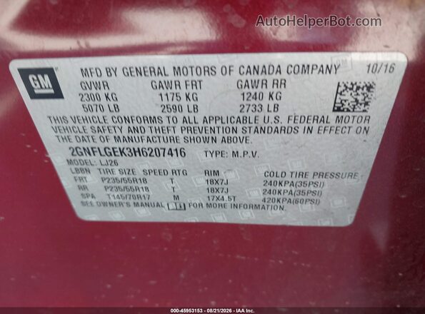 2GNFLGEK3H6207416 2017 CHEVROLET EQUINOX Red Vista del compartimento del motor