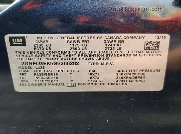 2GNFLGEK5G6206282 2016 CHEVROLET EQUINOX Blue VIN կոդի պիտակի տեսք