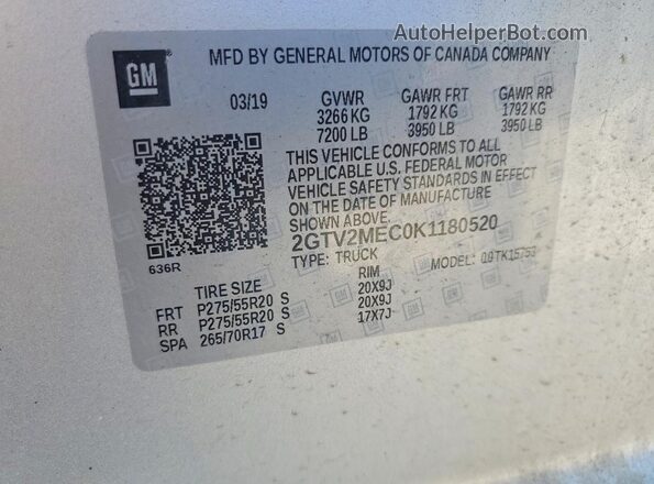 2GTV2MEC0K1180520 2019 GMC SIERRA Silver Widok naklejki z numerem VIN