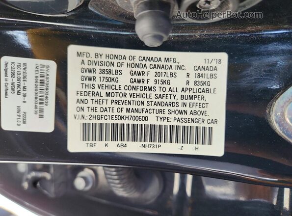 2HGFC1E50KH700600 2019 HONDA CIVIC Black Vista de la etiqueta del VIN