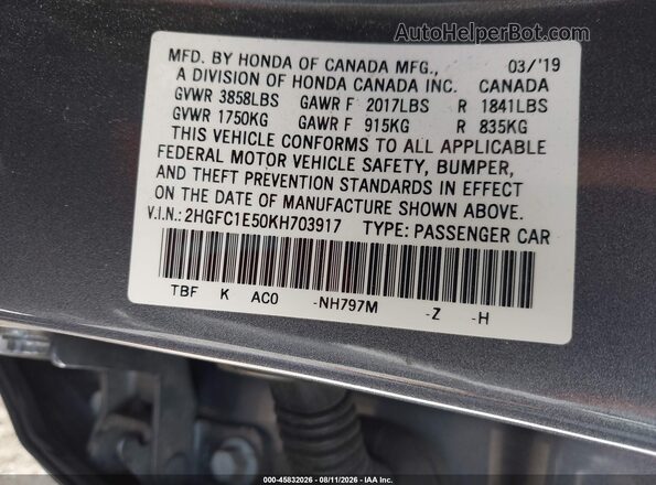 2HGFC1E50KH703917 2019 HONDA CIVIC Gray Widok komory silnika