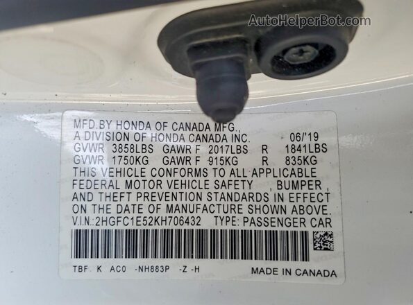 2HGFC1E52KH706432 2019 HONDA CIVIC White Widok naklejki z numerem VIN