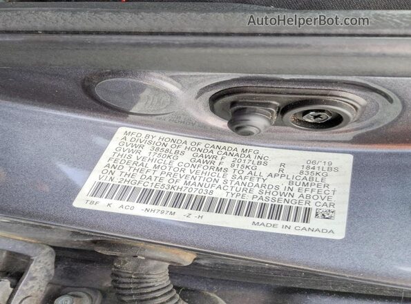 2HGFC1E53KH707038 2019 HONDA CIVIC Gray Widok komory silnika