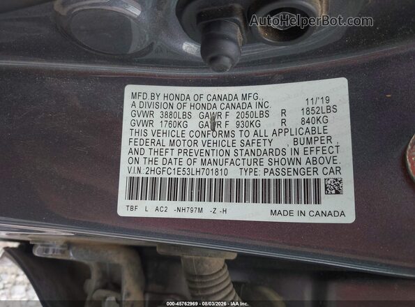 2HGFC1E53LH701810 2020 HONDA CIVIC Gray Вид підкапотного простору
