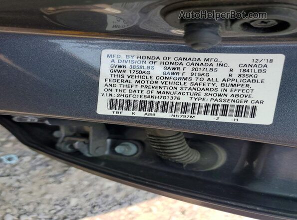 2HGFC1E54KH701376 2019 HONDA CIVIC Gray Вид підкапотного простору