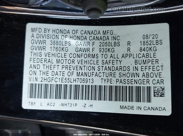 2HGFC1E55LH706913 2020 HONDA CIVIC Black Engine compartment view