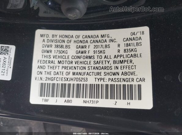 2HGFC1E5XJH705253 2018 HONDA CIVIC Black Engine compartment view