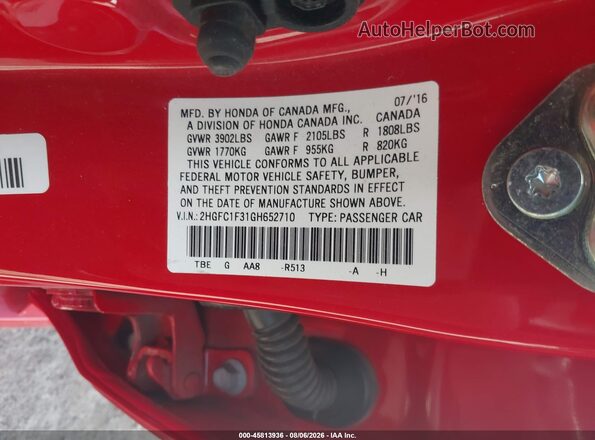 2HGFC1F31GH652710 2016 HONDA CIVIC Red Widok komory silnika