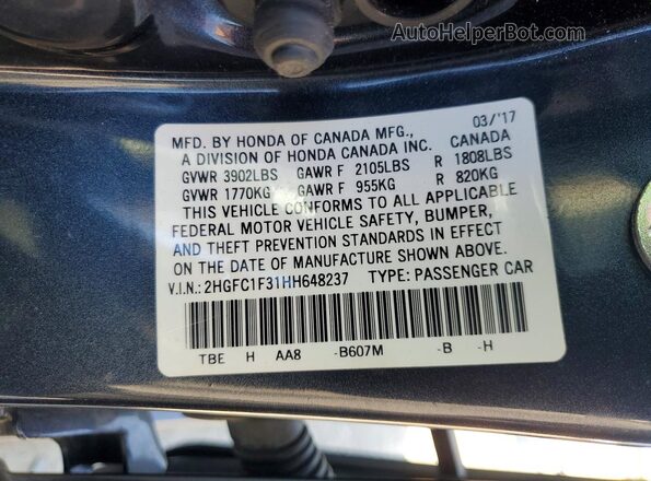 2HGFC1F31HH648237 2017 HONDA CIVIC Charcoal Vista del compartimento del motor
