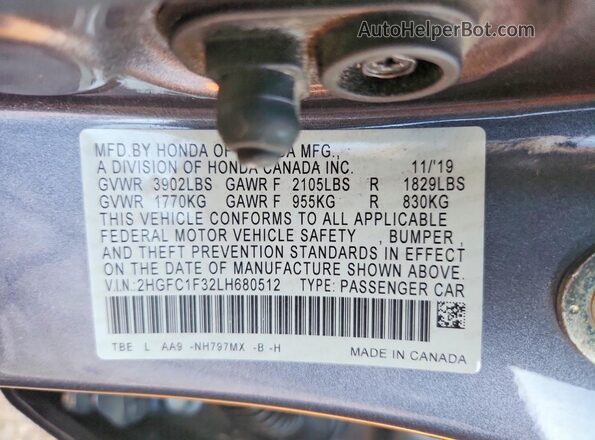 2HGFC1F32LH680512 2020 HONDA CIVIC Gray Vista de la etiqueta del VIN