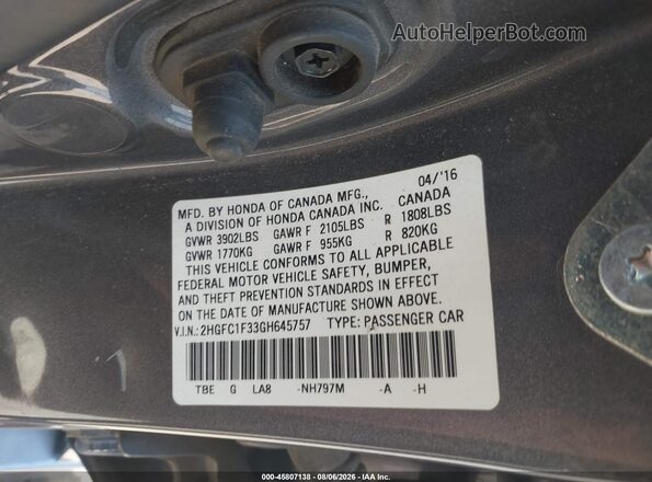 2HGFC1F33GH645757 2016 HONDA CIVIC Gray Vista del compartimento del motor
