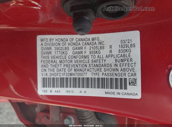 2HGFC1F33MH705077 2021 HONDA CIVIC Red Вид підкапотного простору
