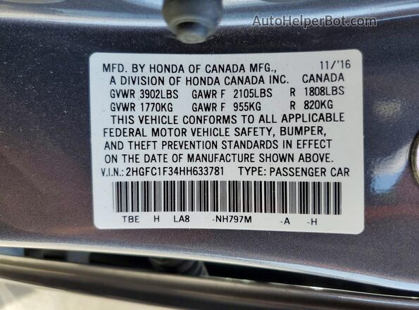 2HGFC1F34HH633781 2017 HONDA CIVIC Gray VIN კოდის სტიკერის ხედი