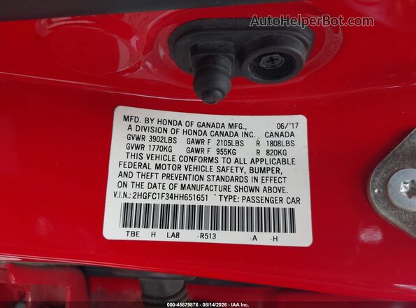 2HGFC1F34HH651651 2017 HONDA CIVIC Red Շարժիչի բաժամունքի տեսք