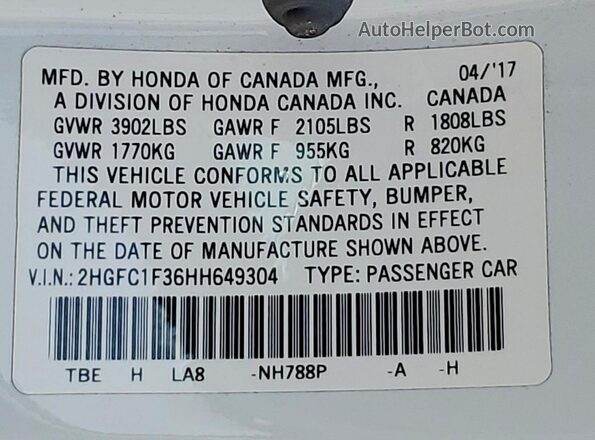 2HGFC1F36HH649304 2017 HONDA CIVIC White Vista del compartimento del motor
