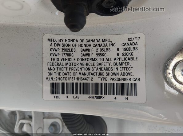 2HGFC1F37HH644712 2017 HONDA CIVIC White Widok komory silnika