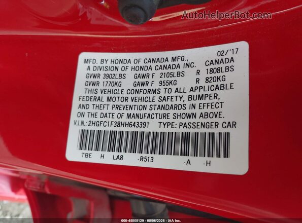 2HGFC1F38HH643391 2017 HONDA CIVIC Red Engine compartment view
