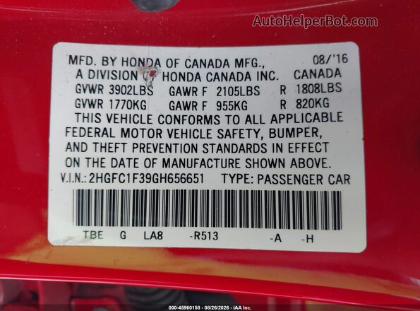 2HGFC1F39GH656651 2016 HONDA CIVIC Red Widok komory silnika