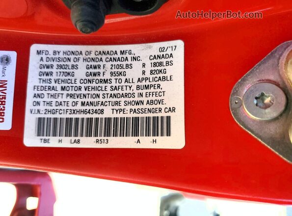 2HGFC1F3XHH643408 2017 HONDA CIVIC Red VIN კოდის სტიკერის ხედი