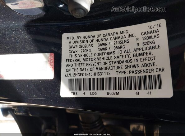 2HGFC1F45HH631112 2017 HONDA CIVIC Dark Blue Widok komory silnika