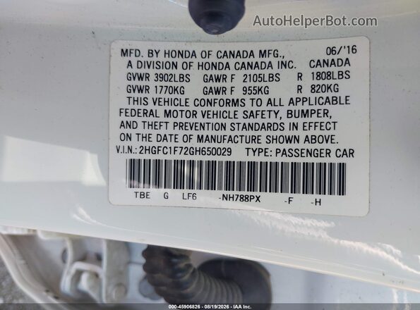 2HGFC1F72GH650029 2016 HONDA CIVIC White Շարժիչի բաժամունքի տեսք