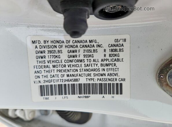 2HGFC1F72JH645887 2018 HONDA CIVIC White Շարժիչի բաժամունքի տեսք