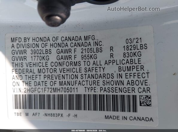 2HGFC1F72MH705011 2021 HONDA CIVIC White Vista del compartimento del motor