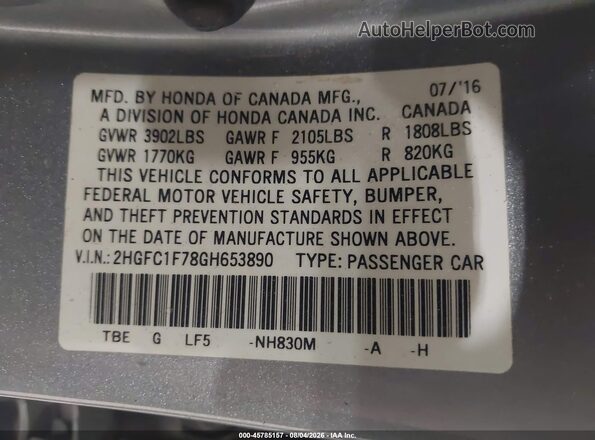 2HGFC1F78GH653890 2016 HONDA CIVIC Silver Շարժիչի բաժամունքի տեսք