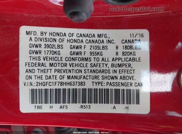 2HGFC1F78HH637383 2017 HONDA CIVIC Red Engine compartment view