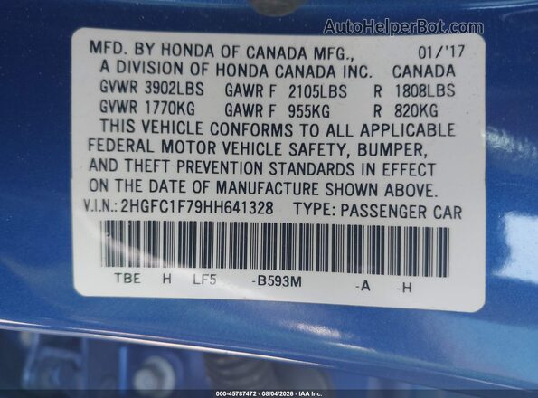 2HGFC1F79HH641328 2017 HONDA CIVIC Синий Вид подкапотного пространства