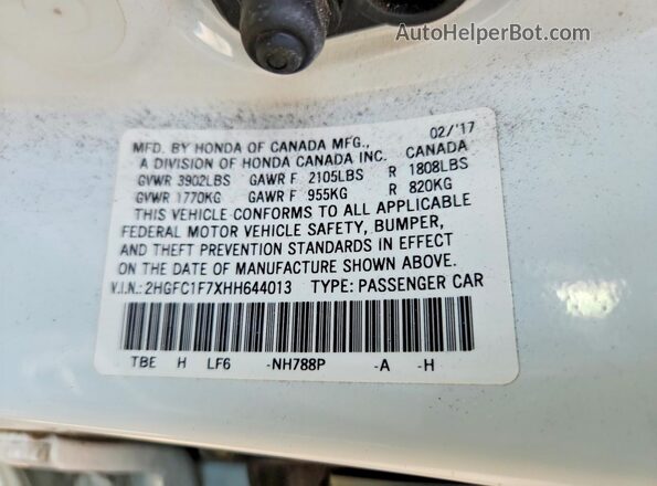 2HGFC1F7XHH644013 2017 HONDA CIVIC White Вид підкапотного простору