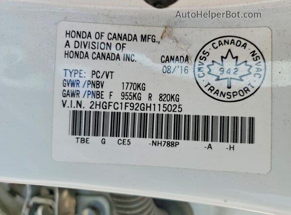 2HGFC1F92GH115025 2016 HONDA CIVIC White Widok naklejki z numerem VIN