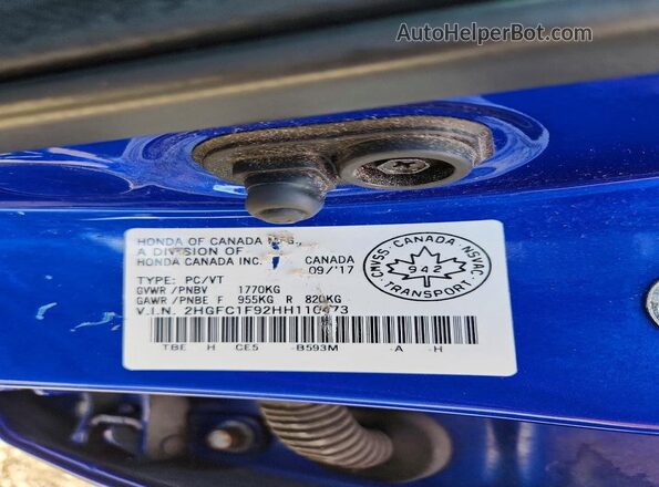 2HGFC1F92HH110473 2017 HONDA CIVIC Blue Vista de la etiqueta del VIN