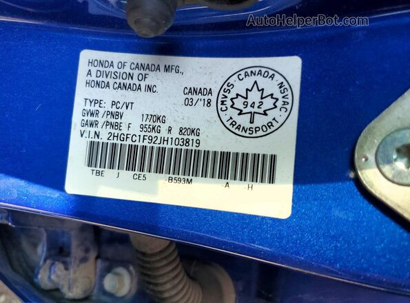 2HGFC1F92JH103819 2018 HONDA CIVIC Blue Вид підкапотного простору