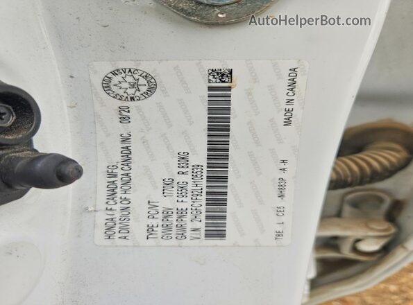 2HGFC1F92LH105539 2020 HONDA CIVIC White Vista de la etiqueta del VIN
