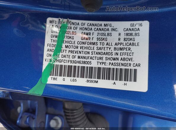 2HGFC1F93GH638005 2016 HONDA CIVIC Blue Շարժիչի բաժամունքի տեսք