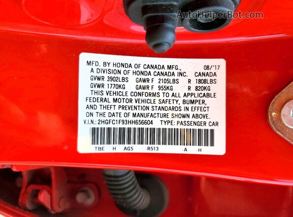 2HGFC1F93HH656604 2017 HONDA CIVIC Red ძრავის განყოფილების ხედი
