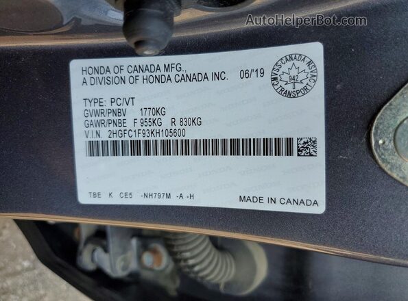 2HGFC1F93KH105600 2019 HONDA CIVIC Gray VIN sticker view