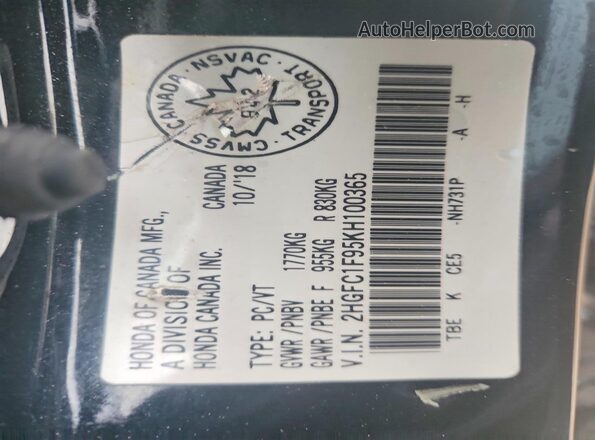 2HGFC1F95KH100365 2019 HONDA CIVIC Черный Вид подкапотного пространства