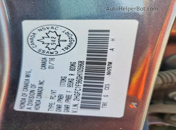 2HGFC1F96GH105968 2016 HONDA CIVIC Gray Вид наклейки з VIN-кодом
