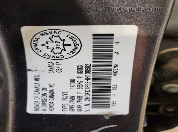 2HGFC1F98HH108582 2017 HONDA CIVIC Gray Vista de la etiqueta del VIN