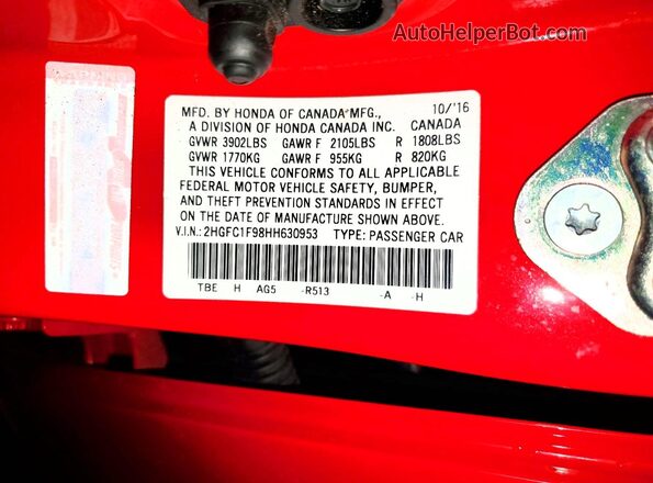 2HGFC1F98HH630953 2017 HONDA CIVIC Red Widok komory silnika