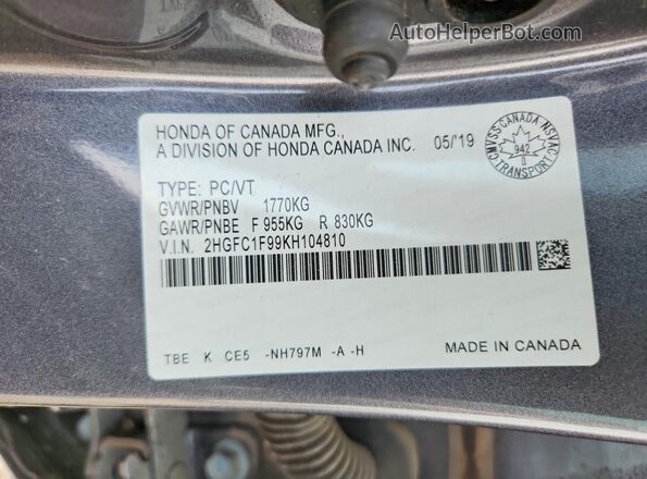 2HGFC1F99KH104810 2019 HONDA CIVIC Gray Widok komory silnika
